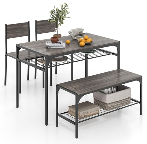 RELAX4LIFE Esstisch Set 4-teilig, Esszimmertisch mit 2 Stühlen Bank, Sitzgruppe mit 2 Lagerregalen, Bartisch mit Metallgestell, Industriedesign, Esszimmergruppe für Küche Esszimmer (Grau)