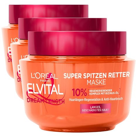 L'Oréal Paris Elvital Anti Spliss Haarmaske für langes, geschädigtes Haar, Intensive Haarkur zum Ausspülen, Mit pflanzlichen Vitaminen und Rizinus-Öl, Dream Length Super Aufbau Maske, 1 x 300 ml