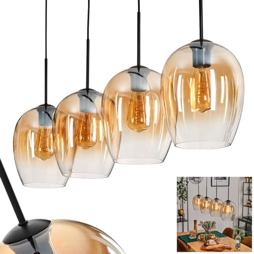 Pendelleuchte Vevino, Pendellampe aus Metall/Glas in Schwarz/Bernsteinfarben/Klar, Leuchte im modernen Retro/Vintage-Design mit Schirmen aus Glas (Ø 20cm), Höhe max. 154 cm, 4 x E27, ohne Leuchtmittel