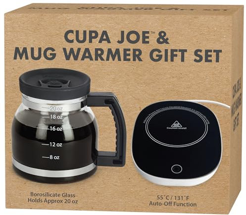 Electric Mug Warmer + Cupa Joe 20oz Diner-Style Mug Gift Set – Borosilicate Glass with Spill-Proof Lid – Unique Coffee Cup for Home, Coworkers, or Desk Use