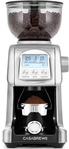 CASABREWS Moulin à café électrique, Broyeur Cafe Grain avec 77 Réglages de Mouture Précise, Moulin café Avec RéGlage De La Tasse Et De L'Heure, Du Porte-Filtre, écran LCD, 400g