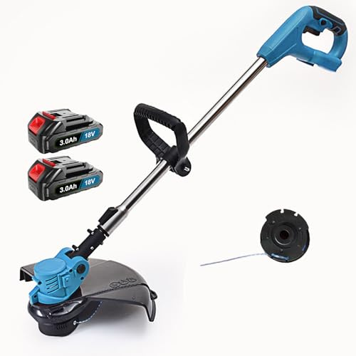 Akku Rasentrimmer 18V,mit 2 x 3.0AH Akku und Ladegerät, 18V Rasenkantenschneider Akku, 90° drehbarer, Verstellbarer Teleskop-Führungsholm und Zusatzhandgriff,für Rasenschneiden Rasenpflege Auffahrt