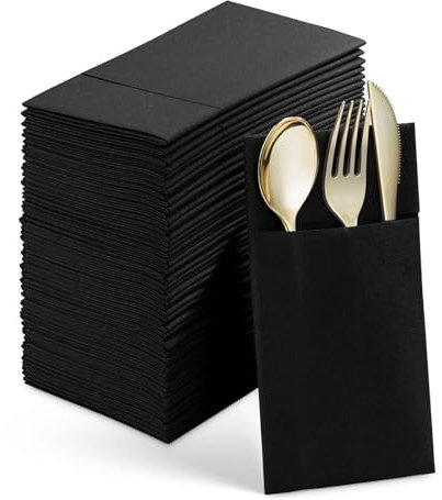 Middagsservetter med inbyggd bestickficka 50 st middagsservetter med inbyggd bestickficka, förbehandlat tyg som pappersservetter för bröllopsfest svart