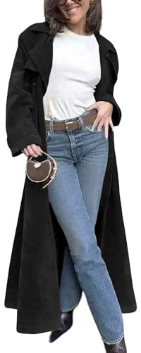 utcoco Womens Faux Suede Long Trench Coat Notched Lapel Double Breasted Pea Coat Overcoat with Belt, Black, Large