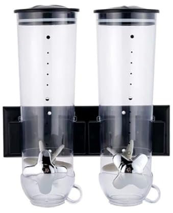 Qussse Dispensador de cereales doble, 3 L, montaje en pared, dispensador de cereales con 2 tazas, doble dispensador de alimentos secos para azúcar, nueces y granos (negro)