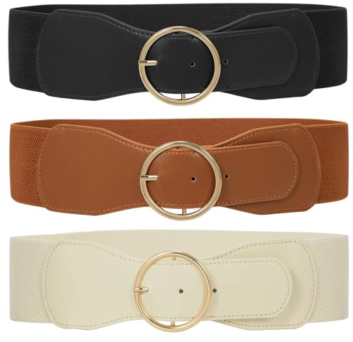 WERFORU 3 stycken elastiskt midjebälte för kvinnor vintage brett bälte för klänning kvinnor stretchigt cinch bälte, Svart + brun + beige, L(Passt Taillengröße 83-92cm)