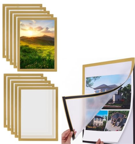 10 PCS Magnetic Photo Frames A4, Clear Poster Frame | Waterproof Certificate Frame | Peel and Stick Picture Frames with Adhesive Backing for Paintings Photographs Notices Personal Profile (A4-Gold)