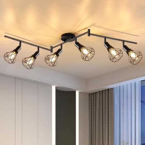 GeyouLux E14 Deckenlampe 6 Flammig, LED Deckenstrahler Schwenkbar 350° | Retro Deckenleuchte Küchenlampe Wohnzimmerlampe Schwarz Lampe für Küche Wohnzimmer Flur Schlafzimmer Ohne Leuchtmittel