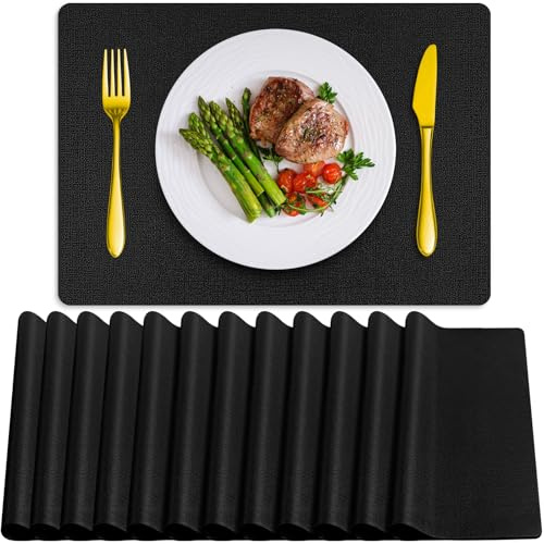 BARTHKIT Tischsets 12er Set Abwaschbar Hitzebeständig Tischset Abwischbar Kunstleder Platzsets Rutschfest Wasserdicht Quadratisch Tischmatten für Innen Außen Schwarz