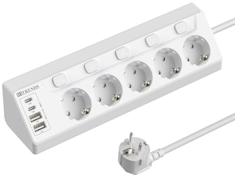 Ecksteckdose Schreibtisch mit USB C, Steckdosenleiste mit Einzeln Schalter, 5 Fach Ecksteckdosenleiste mit 4 USB, Steckerleiste Mehrfachsteckdose mit 2M Kabel, Überspannungsschutz- Weiß