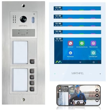 Mathfel 2-Draht-IP WLAN Video-Türsprechanlage mit RFID– Komplettset für 5-Familienhäuser mit 5X 7-Zoll-Monitoren, Full-HD-Bildauflösung, Edelstahl-Front und Farbnachtsicht.
