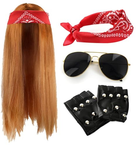 Adults 80s Rock Star Accessory Set - Long Ginger Wig, Paisley Red Bandana, Black Sunglasses, Fingerless Gloves - Mens 1980s Rock Band Fancy Dress Costume Accessory Set