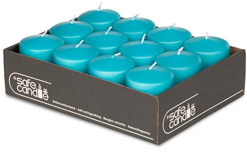 DecoLite 12er Pack Stumpenkerzen 80/60mm - Selbstverlöschend, Safe Candle, RAL Zertifiziert, 27 Stunden Brenndauer - 100% Made in Germany by Wenzel Kerzen (türkis)