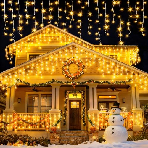 Outdoor Christmas Lights, 400LED 10M Icicle Lights Outdoor Waterproof, Mains Powered Fairy Lights Plug In with 8 Modes & Timer, Warm White String Light for Outside Gutter House Roof Xmas Decorations