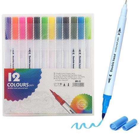 Nurila 12 Farben Filzstifte Doppelseitig, Fineliner & Brush Pen Marker Set,0.4-1-2mm Wasserfester Dual Tip Marker Für Rock Painting, Glas, Papier, Holz, Ei, Leinwand, Keramik, Stoff, DIY Crafts