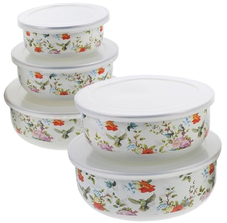 INOOMP 5Pcs Vintage Enamel Mixing Bowl Set with Lids Thickened Chinese Style Soup and Instant Noodle Bowls Kitchen Food Storage Containers for Home and Restaurant Use