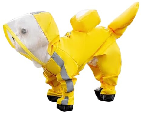 PETCUTE Hund Regenmantel,wasserdichte Hunde-Regenjacke mit Kapuze,Verstellbare Vierbeiner Hunderegenmantel mit Leinenlöchern, Reflektierender Riemen,für kleine, mittelgroße Hunde