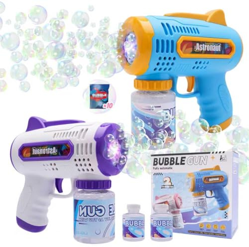 Bubble Gun Machine for Kids, Automatic Bubble Guns - 2 Packs | 2 Bottles Refill Solution,Summer Outdoor Toys Gift, Party, Wedding Birthday Gift for Ages 3-7, Party Favors-Blue&Purple
