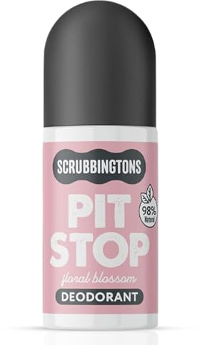 Scrubbingtons Pit Stop 98% naturlig deodorant för kvinnor, roll-on för känslig hud. Tillverkad i Storbritannien. Aluminium- och alkoholfri, vegansk och djurfri, Floral Blossom, 75 ml