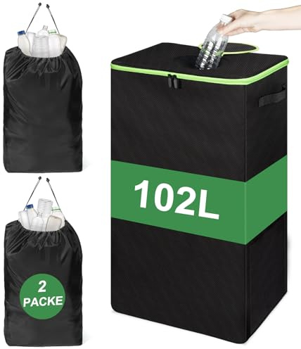 102L Pfandflaschen Sammelbehälter mit Deckel & 2 Wasserdicht Taschen, Groß Pfandflaschen Aufbewahrung, Faltbarer Flaschensammler mit Loch für Pfandflaschen, Altglas, Dosen, Ideal für Küche & Balkon