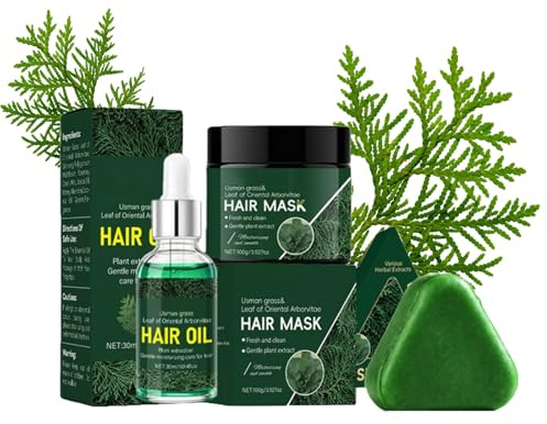 Usman Kit de soins capillaires avec herbe et feuilles de l'arbre de vie oriental (Thuja orientalis) : barre de shampoing pour cheveux clairsemés, masque pour cuir chevelu sec et cheveux gras, sérum