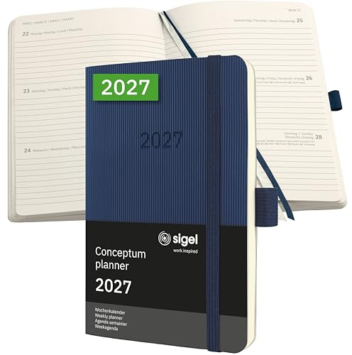 SIGEL Conceptum Wochenplaner 2027 A6 Softcover dunkelblau | C2733, 176 Seiten, Wochenkalender mit Gummiband, Stiftschlaufe, Archivtasche, aus nachhaltigem Papier, Kalenderbuch