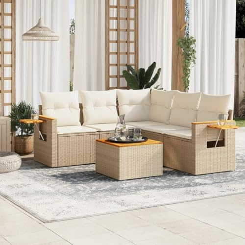 Frdhee Loungemöbel Outdoor Möbel Sofagarnitur Sitzgarnitur Set,6 TLG. Garten Sofagarnitur mit Kissen Beige Poly Rattan,Sitzgruppe Für Garten,Wintergarten,Balkon Terrasse,Schnelle Montage