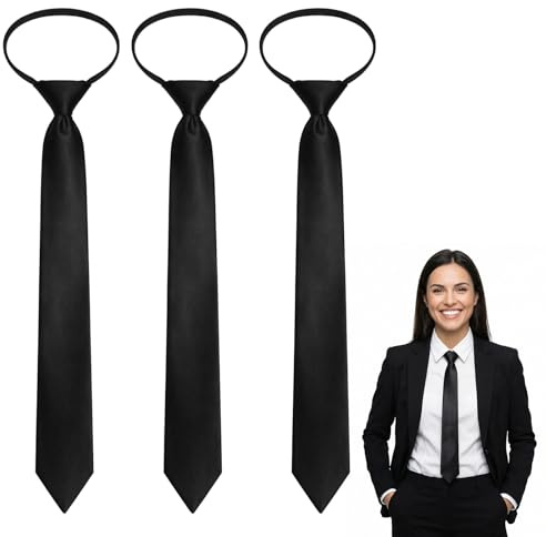 DOPENSPI 3PCS Skinny Black Tie, Pre Tied Adjustable Zipper Ties 2.2in Zipper Necktie for Women Pre-tied Solid Color Neck Tie for Business Uniforms