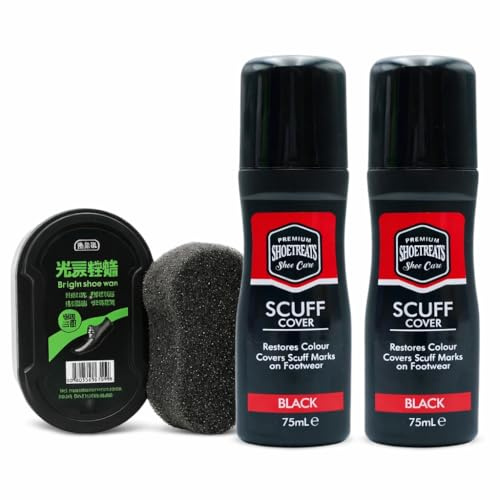 AA Merchant Shoetreats Professional Shoe Care Complete Kit for Leather, Black Scuff Cover 75ml with Cleaning Sponge, Instant Shine Liquid Polish