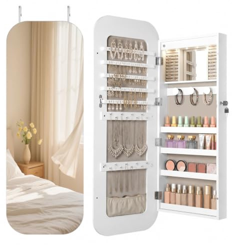 LED Ovaler Schmuckschrank Hängend, Türspiegel/Wandspiegel Schmuckschränk, Schmuckschrank mit Spiegel und Beleuchtung, Schmuckspielgelschrank Holz Abschließbarer, Gewölbter Spiegelschrank, Weiß