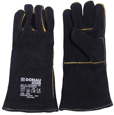 DONAU SAFETY Guante de soldador de piel servida de vaca para soldadura MIG/Talla 10 XL, 1 par/Guantes de trabajo Cuero/Guantes de cuero/Guantes de protección/Color: Negro