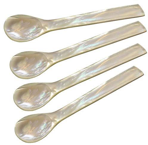 EDZARD 4er Set Eierlöffel (Länge 11 cm) aus echtem Meer-Perlmutt (Pinctada maxima), Handarbeit, 100% Naturprodukt, Griff oben eckig, edle Geschenkverpackung, Perlmuttlöffel für Ei und Kaviar