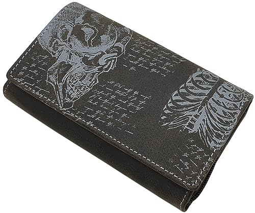 Große Büffel-Vollleder Damen Geldbörse / Geldbeutel / Portemonnaie / Portmonaise / Geldtasche / Portmonee mit Totenkopf-Motiv mit RFID & NFC Schutz in 3 Farben (Grau)