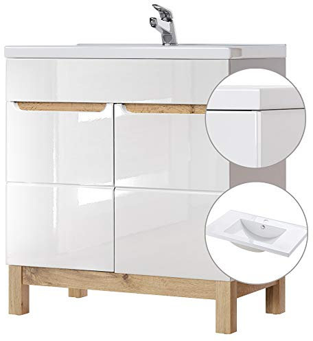 Lomadox Badezimmer Waschtisch Set mit 81cm Keramik-Waschbecken, Unterschrank Hochglanz weiß & Wotaneiche, Softclose-Türen, B/H/T 81/85/46cm