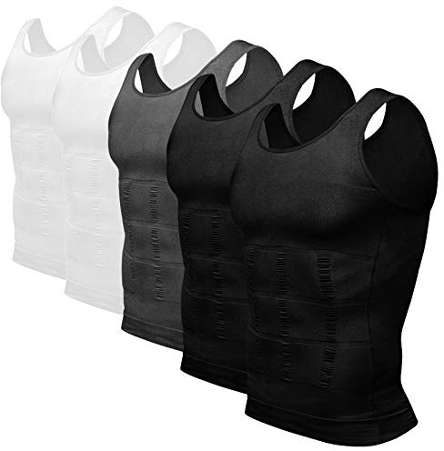 Odoland Mens Slimming Vest 5 Pack Body Shaper Men Compression Shirt Shapewear Base Layers Compression Vest Men Tank Tops, 2 Black/2 White/1 Grey, L