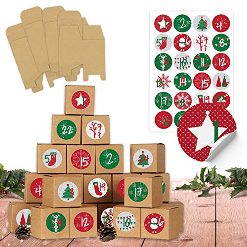 Papierdrachen Adventskalender 2025 - Set mit 24 braunen Boxen und rot-grünen Zahlenstickern - DIY Kalender zum Basteln und Befüllen