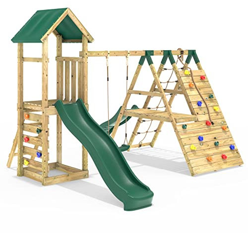 Rebo® Wooden Climbing Frame with Swings, 6+8FT Slides and Climbing Wall - Alverstone Green | OutdoorToys | Pressure Treated Timber, Sturdy Wooden Construction