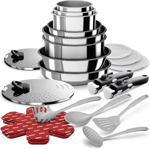 BACKEN 199924 Set pentole 24 pezzi, Padelle, Casseruole, Wok, Padella saltapasta, Coperchi Multifunzione, Manici Rimovibili, Induzione, Acciaio inossidabile, Lavabile in Lavastoviglie, Garanzia 5 anni