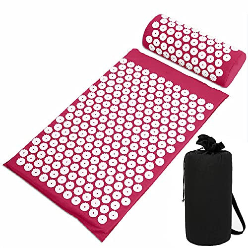 Yoga Akupressurmatte und Kissen Set mit Tasche - Massage Akupunktur Matte - Natürlich Entspannen Sie Rücken, Nacken und Füße Muskeln - Stress und Schmerzlinderung (Pink)