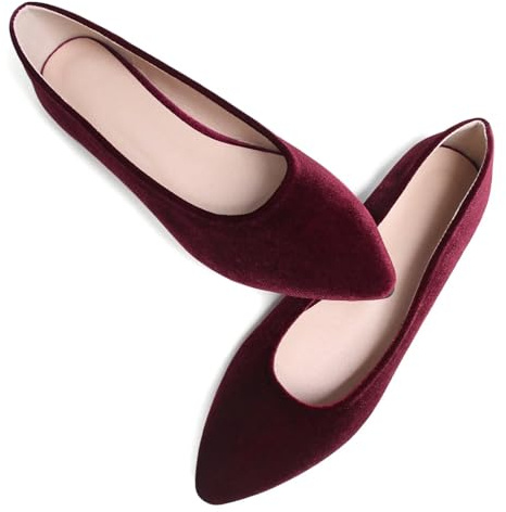 SAILING LU Women's Velvet Pointed Toe Ballet Flats Burgundy Size 8.5