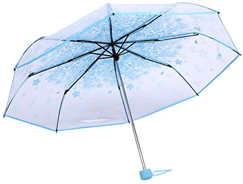Fdit 1pc Gedruckter Kirschblüten-Muster-transparenter Faltender Regenschirm, Romantischer Moderner Prinzessin-Regenschirm, Starker Aluminium-Griff-Regenschirm(Blau)