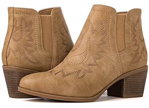 GLOBALWIN Cowboy Boots For Women Western Style Comfortable Pull On Short Ankle Cowgirl Boots Low Heel Khaki Size 9M