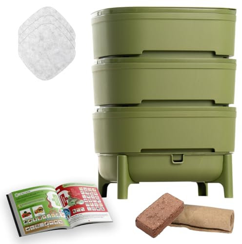 WORMcube Grün Design & Compact I 3-Etagen-Wurmkomposter I Komplett-Set I Stoppfilter zum Ertrinken von Würmern