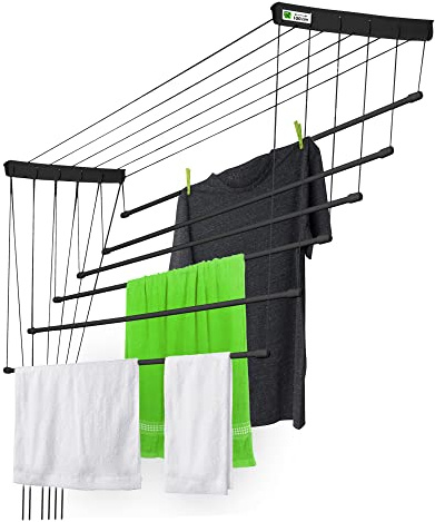 KADAX Deckenwäschetrockner, 6m Trockenfläche, Wäschetrockner für die Decke 6, Wandtrockner mit Polyethylen bezogenen Stahlsprossen, Deckentrockner Traglast 12kg (6x100/schwarz)