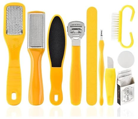 NEYENS Professionelles Pediküre-Werkzeug-Set aus Edelstahl für abgestorbene Hornhaut, Hornhautentferner, Schaber, Pediküre, Raspel, Fußpflege-Werkzeuge, Pediküre-Set (Farbe: 10 Stück, gelb)