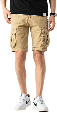TONY BACKER Herr Cargo Shorts Vintage Bomull Multi-Pocket Sommar Kortbyxor Cargo, Khaki, 50W