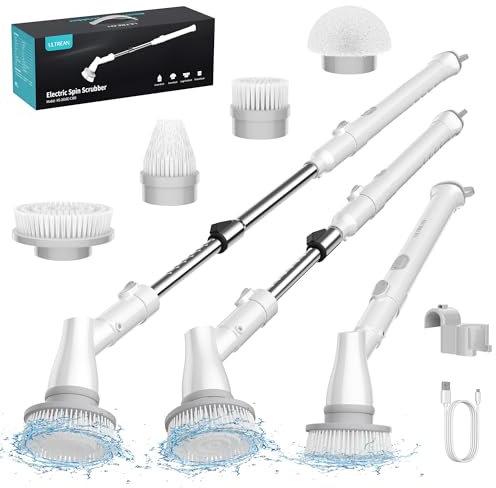 Ultrean Electric Spin Scrubber, Cordless Scrubbing Brush with 4 Replaceable Brush Heads Adjustable Extension Handle, 2 Speed Electric Scrubber for Cleaning Bathroom, Tile, Floor, Tub