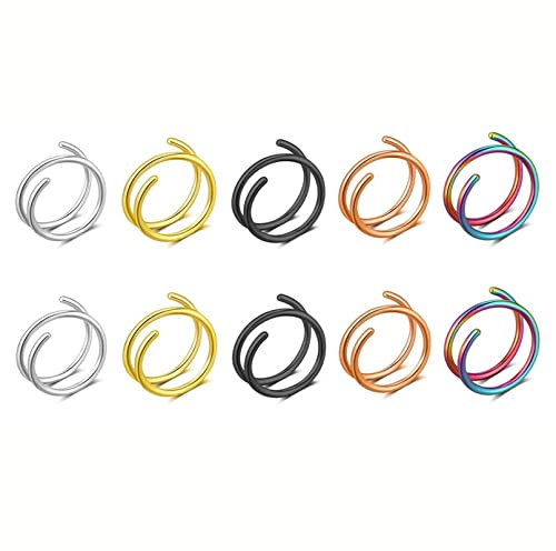Septum Piercing Chirurgenstahl Ring, Nasenpiercing Doppelring mit Gold Schwarz Silber Bunt Roségold 2 Rund Gebogen 10Pcs