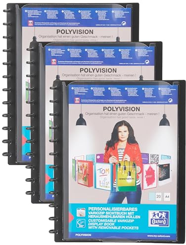 Oxford Ring-Mappe A4, polyvision, vario-zipp, 20 Hüllen, schwarz, 1 Stück (Packung mit 3)