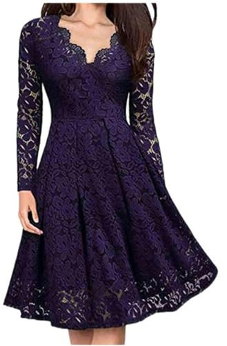 WEITING Vestido de Fiesta de cóctel de Manga Larga con Cuello en V de Encaje Delgado y Elegante para mujer-Púrpura-3XL
